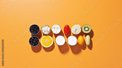 Healthy smoothie ingredients arranged on orange background