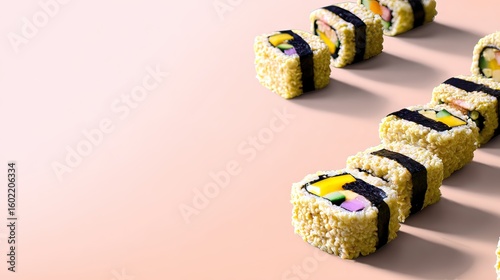 Colorful sushi rolls arranged on pink background, studio shot, food photography, menu design