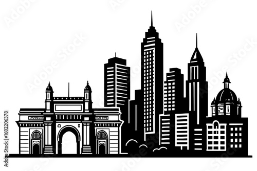 Iconic Mumbai Skyline: Gateway of India and Cityscape Silhouette Vector Art