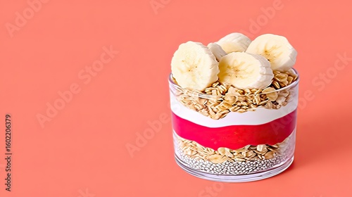 Layered parfait with banana, yogurt, and granola on coral background