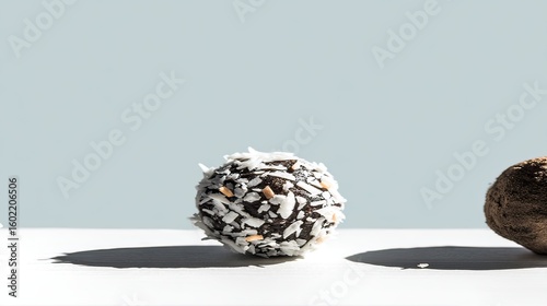 Coconut chocolate truffle, studio shot, minimal background, dessert photography
