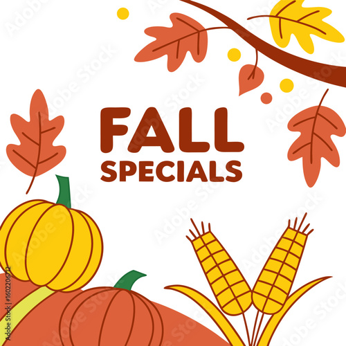 Autumnal fall specials with pumpkins corn and falling leaves illustration for seasonal promotions and marketing