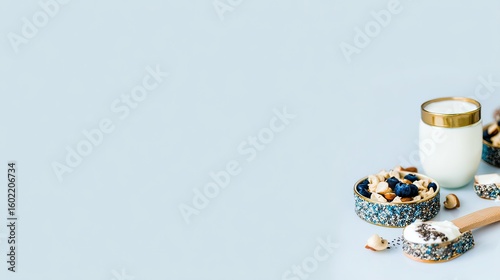 Healthy breakfast bowl, milk, nuts, studio, blue background, food blog