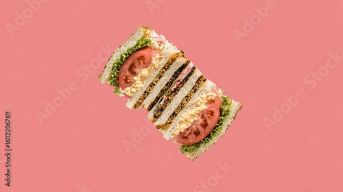 Grilled tomato sandwich halves, pink background, food photography, menu use