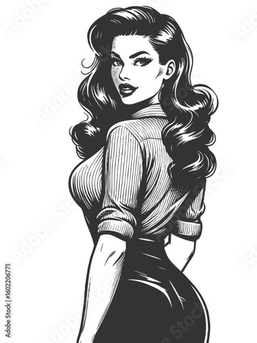 confident woman with long wavy hair, turning back in a form-fitting blouse and pencil skirt sketch engraving generative ai fictional character vector illustration. Scratch board. Black and white image