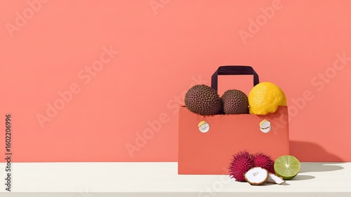 Coral backdrop, paper bag, exotic fruits, studio shot, food delivery
