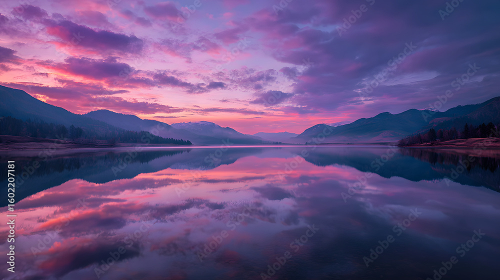 Fototapeta premium A tranquil lake perfectly reflecting pastel-colored skies at dawn