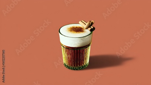 Spiced autumnal drink, studio shot, cinnamon garnish, terracotta background, menu photography