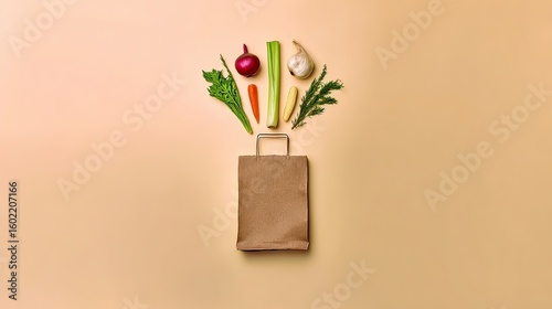 Vegetables rising from paper bag on beige background, food shopping concept