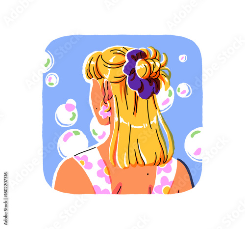 Girl with blond hair and tied up bun with scrunchie. Back view of female head with bob haircut. Behind young woman with fashion hairstyle. Flat isolated vector illustration on white background
