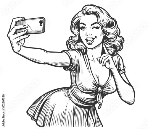 playful woman taking a selfie with a smartphone, winking and smiling confidently sketch engraving generative ai fictional character vector illustration. Scratch board imitation. Black and white image.