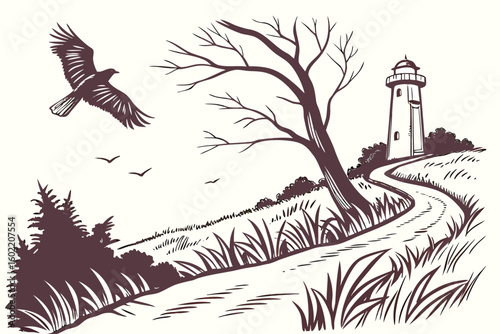 Lighthouse guiding the way through a serene landscape with trees and birds in a tranquil setting at dusk