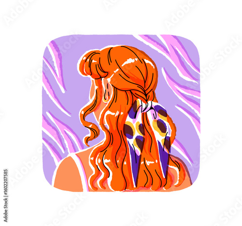 Back view of redhead girl with tied up pigtail with bow. Red hair young woman with stylish haircut. Backside of female head with cute hairstyle. Flat isolated vector illustration on white background