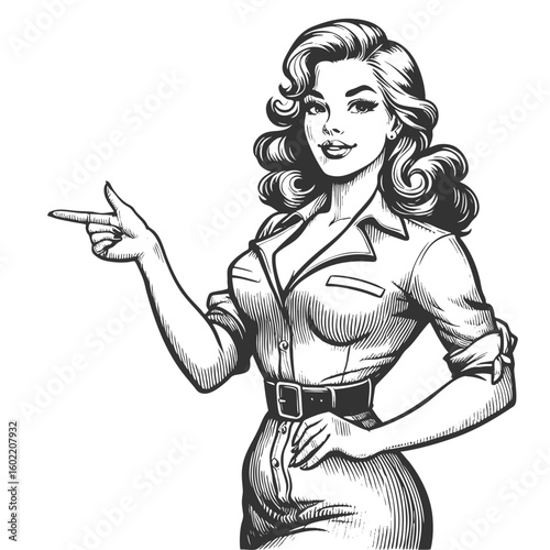 confident woman with voluminous hair pointing sideways, ideal for directing attention in designs sketch engraving generative ai fictional character vector illustration. Scratch board. Black and white.
