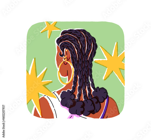 Back view of black young woman with fashion braids. African American girl with trendy haircut and pigtails. Female head with hairstyle backside. Flat isolated vector illustration on white background