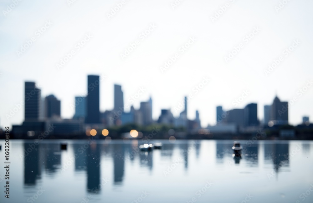 Fototapeta premium City skyline with tall buildings reflected on calm water during daytime