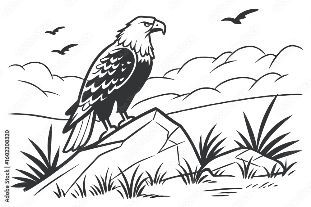 Fototapeta premium Eagle perched on a rock amidst grass and clouds in a natural landscape during the day