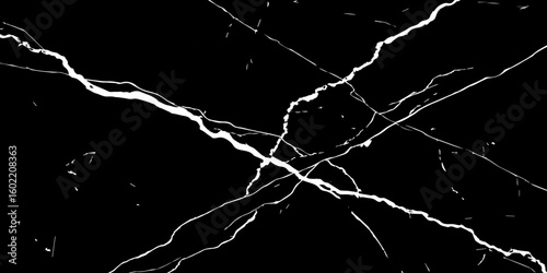 "A striking, high-contrast black and white abstract pattern resembling fractured glass or lightning bolts across a dark sky, emphasizing sharp lines and dynamic tension."