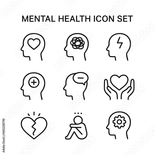 Mental health wellness psychology vector icons set. Outline symbols. Line design
