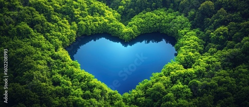 Heart-shaped blue lake surrounded by lush green trees, creating a Heart shaped in park