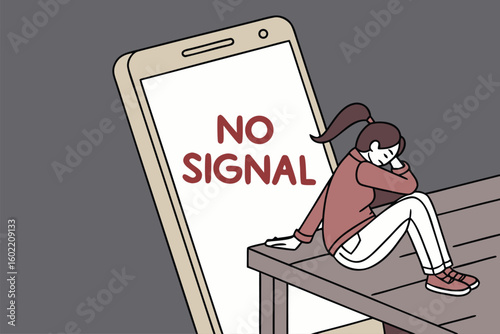 Frustration with technology as a young woman sits by her phone showing no signal while feeling disconnected and isolated