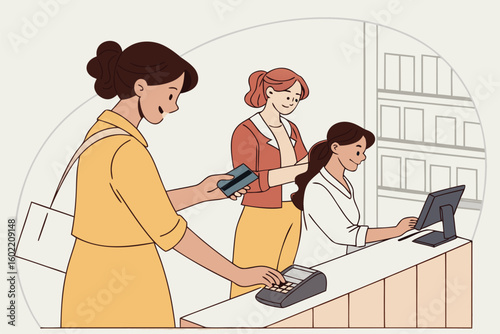 Two women interacting in a shop while one makes a purchase and the other assists with a smartphone