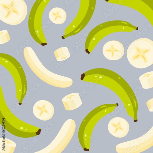 Banana sliced seamless pattern. Green banana cartoon. Tropical fruit illustration. 