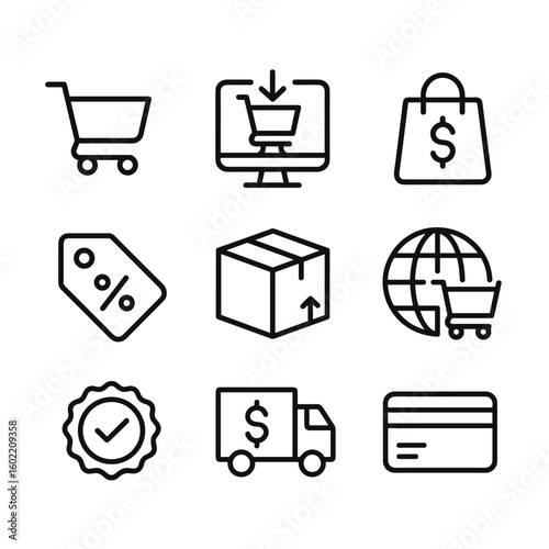 Digital commerce icons set. Outline symbols. Line design