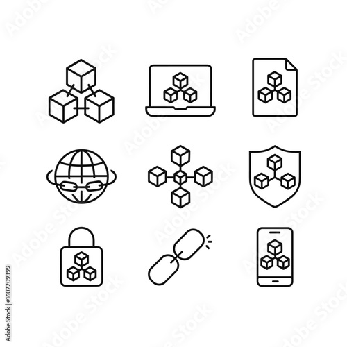 Blockchain technology icons set. Outline symbols. Line design
