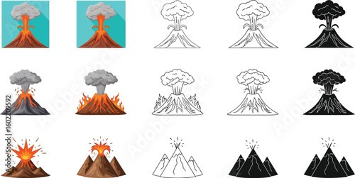 Volcano eruption vector illustration set of different types for graphic design use