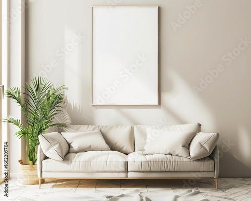 Minimalist living room interior with a white sofa. a plant. and a blank frame on the wall