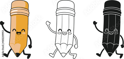 Cute pencil cartoon character vector illustration writing drawing school supplies art