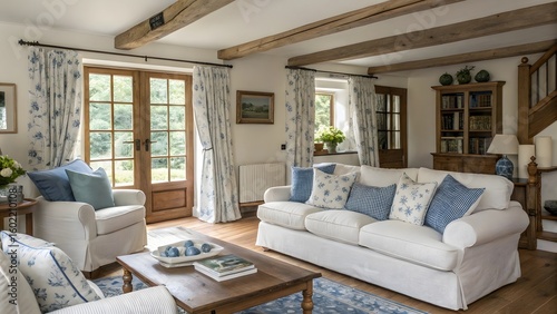 Cozy Cottage Living Room with Wooden Beams and Floral Accents in a Bright and Airy Space