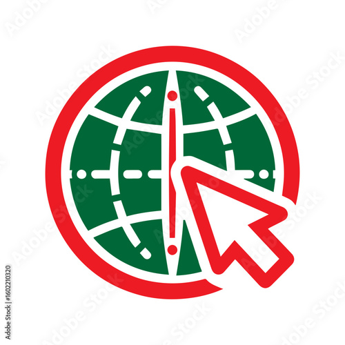Global network internet globe icon with arrow pointer, digital web access symbol, modern website navigation vector illustration SVG.