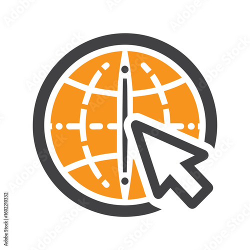 Global network internet globe icon with arrow pointer, digital web access symbol, modern website navigation vector illustration SVG.