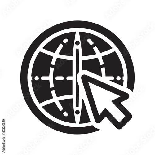 Global network internet globe icon with arrow pointer, digital web access symbol, modern website navigation vector illustration SVG.