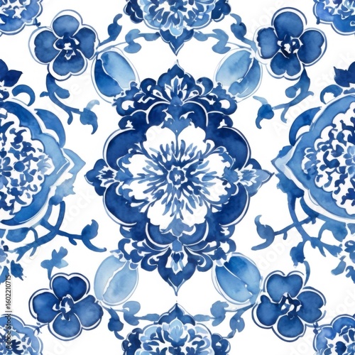 Watercolor Blue Tile Pattern on White Background Wallpaper Backdrop