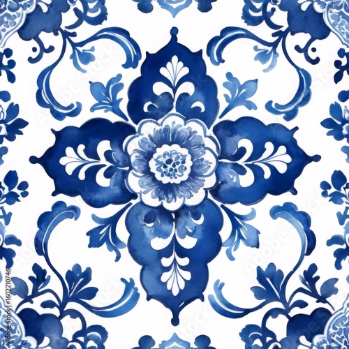 Watercolor Blue Tile Pattern on White Background Wallpaper Backdrop
