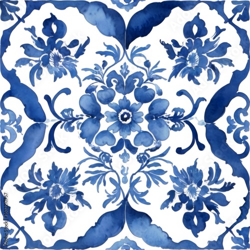 Watercolor Blue Tile Pattern on White Background Wallpaper Backdrop