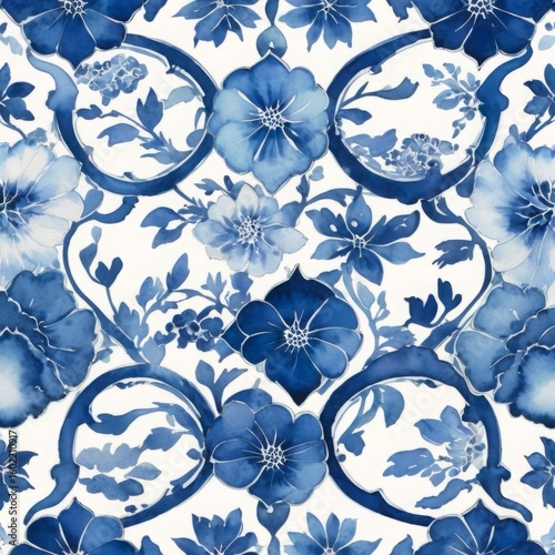 Watercolor Blue Tile Pattern on White Background Wallpaper Backdrop