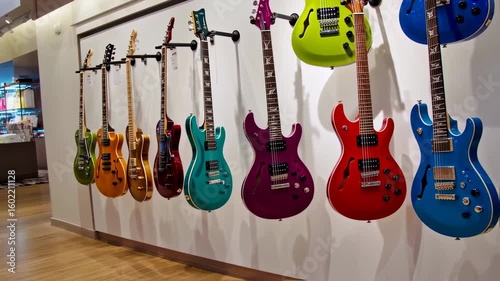 Colorful Guitars Hanging on a Wall