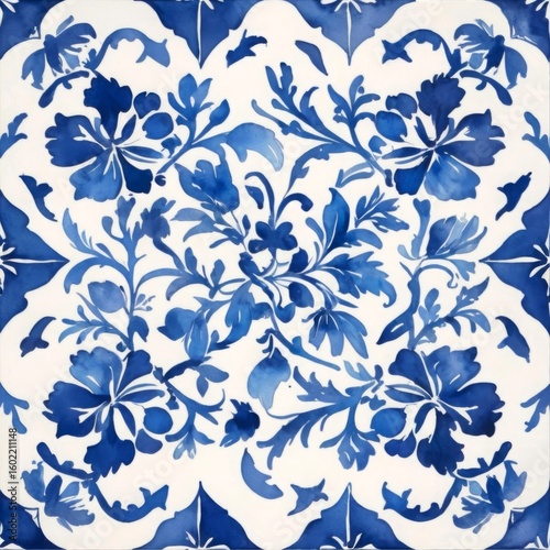 Watercolor Blue Tile Pattern on White Background Wallpaper Backdrop