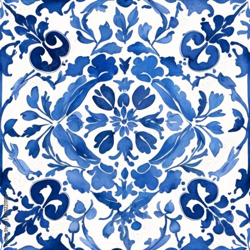 Watercolor Blue Tile Pattern on White Background Wallpaper Backdrop