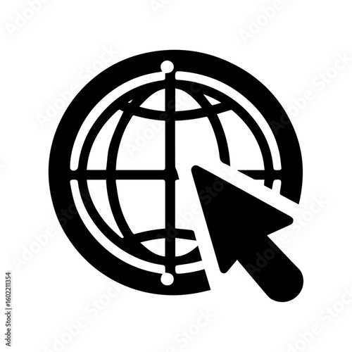 Global network internet globe icon with arrow pointer, digital web access symbol, modern website navigation vector illustration SVG.