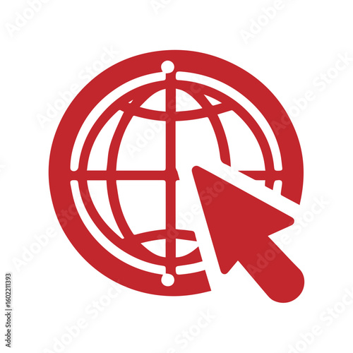 Global network internet globe icon with arrow pointer, digital web access symbol, modern website navigation vector illustration SVG.