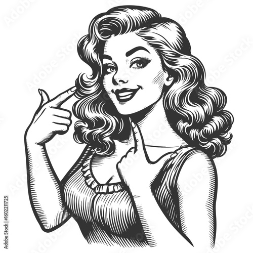 confident woman smiling and pointing at herself, expressing pride and self-assurance sketch engraving generative ai fictional character vector illustration. Scratch board. Black and white image.