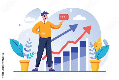 Man presenting a summary of business growth alongside rising graphs and vibrant plants in an upbeat office environment