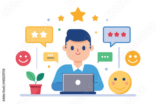 Design illustrating a person working on a laptop surrounded by feedback icons and positive elements in a colorful workspace environment