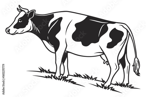 Black and white cow standing on grass in a pastoral setting during daylight, highlighting agricultural life and livestock management practices in rural areas