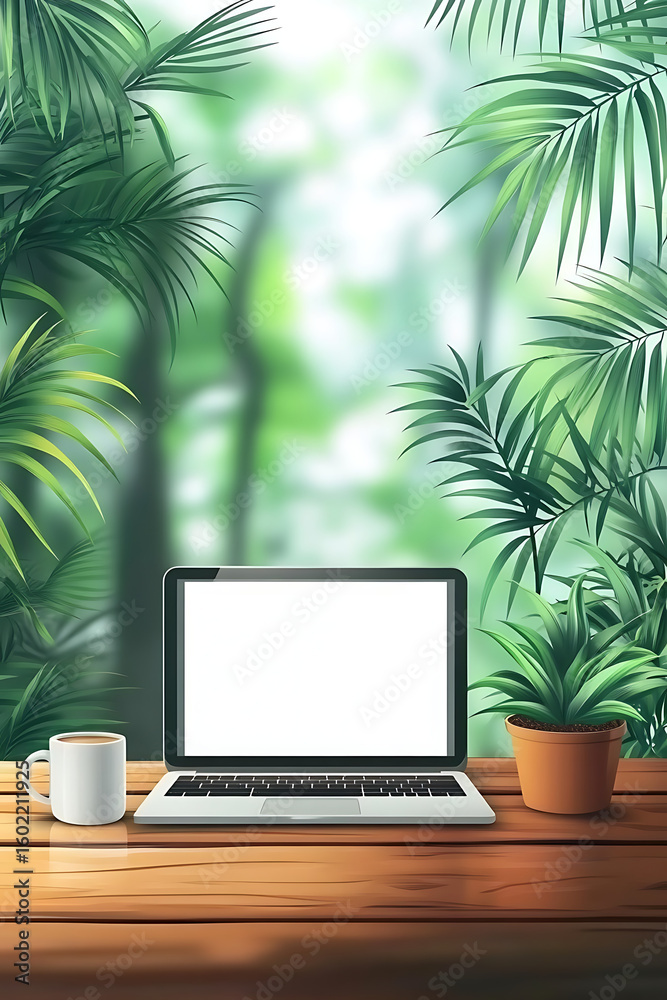Fototapeta premium A serene workspace surrounded by lush greenery, featuring a laptop, coffee cup, and potted plant